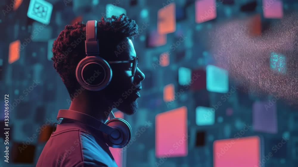 Poster young black male software developer wearing headphones enjoys listening to music in a virtual realit