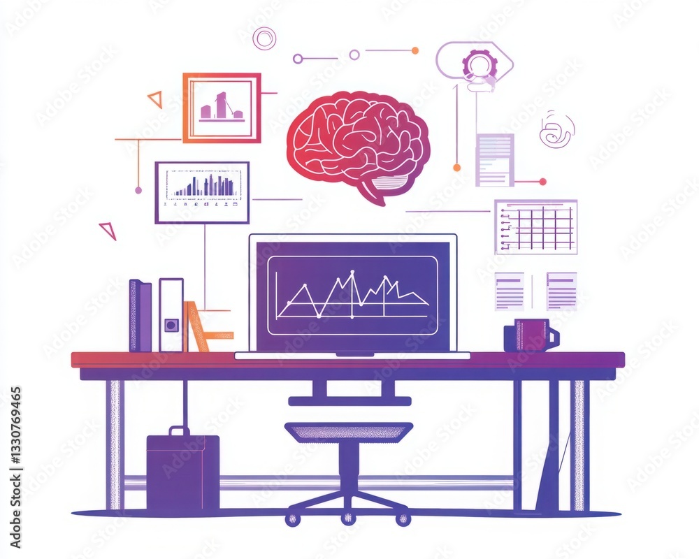 Poster modern workspace with computer, brain icon, charts, and documents representing data analysis, produc