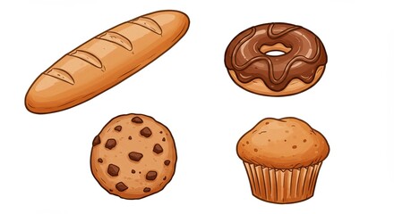 Fresh baked goods: bread, donut, cookie, and muffin on white background