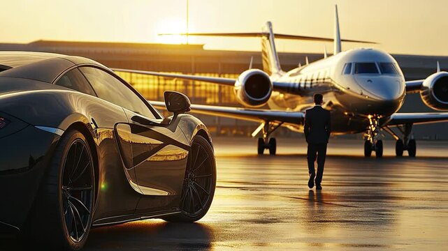 Super car and private jet on landing strip. Business class service at the airport.