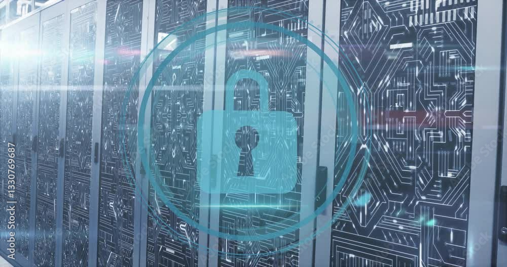 Poster digital lock animation over futuristic server room with circuit patterns