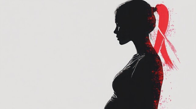 Silhouette of Pregnant Woman with Red Ribbon Symbolizing Awareness and Support for Health Issues Related to Pregnancy and Maternal Care