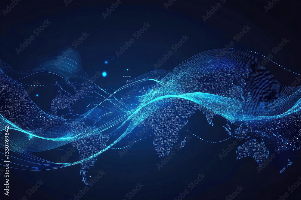 Poster global network abstract blue wave design with world map