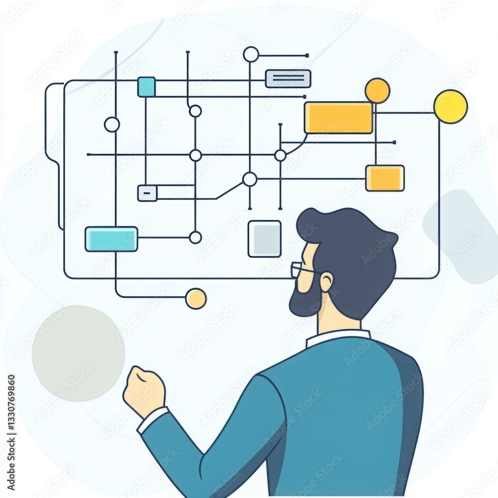 Poster business professional analyzing complex data flow and information systems with charts, graphs, and c