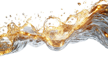 Golden liquid splashing and forming a wave on transparent background