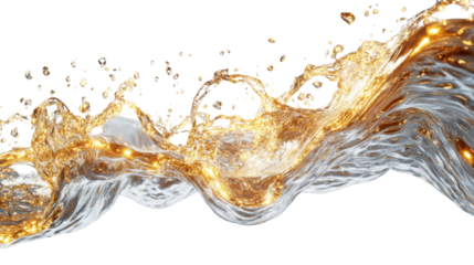 Golden liquid splashing and forming a wave on transparent background