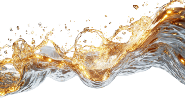 Golden liquid splashing and forming a wave on transparent background