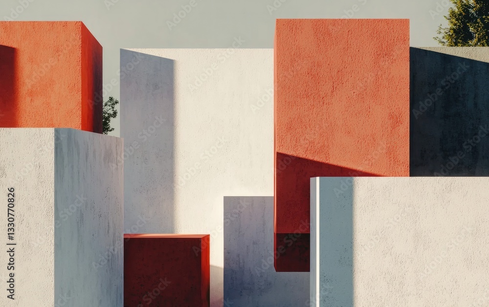 Poster abstract 3d render of red and white concrete blocks