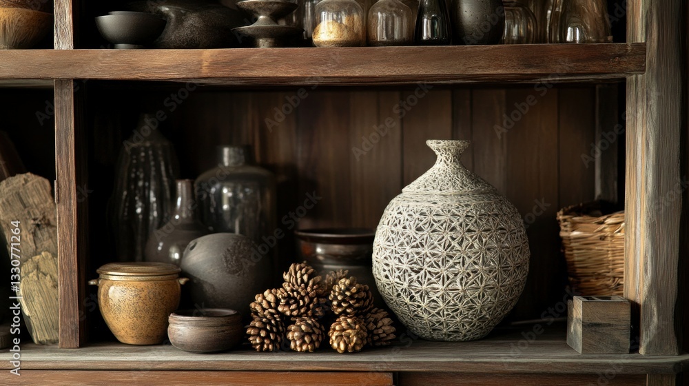 Poster a wooden shelf with decorative objects and vessels displayed