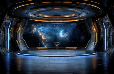 A sleek, modern space station interior showcases striking views of a galaxy filled with stars and planets. The illuminated design and technology lend a sci-fi ambiance.