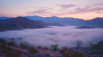 Fototapeta premium Misty landscape displays mountains during a beautiful evening twilight