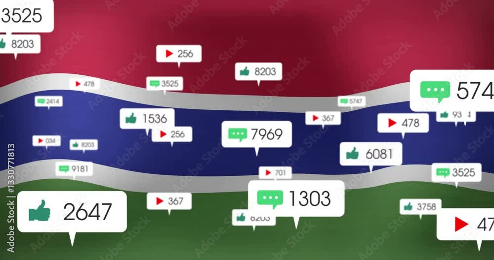 Poster gambia flag with animation of social media interaction icons floating above it