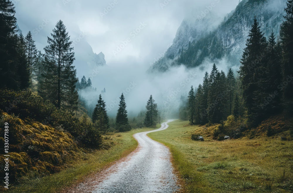 Poster serene mountain pathway in a misty forest surrounded by lush trees and rolling fog in a peaceful nat