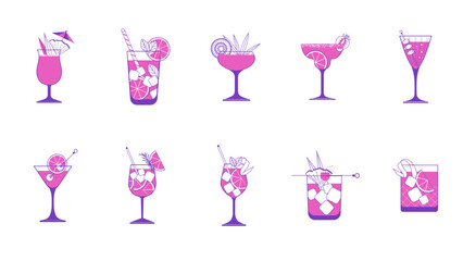 A Collection of Cocktails in Glasses, Vector Illustration.