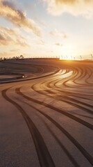 Naklejka premium A large, empty field with a few clouds in the sky. The sun is setting and the sky is a mix of blue and orange