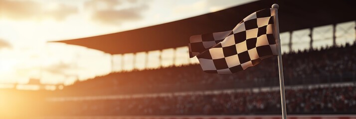 A checkered flag is flying in the air above a stadium full of people. The flag is black and white with a red circle in the middle. The stadium is filled with people watching the flag