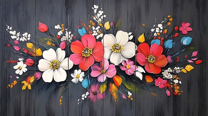 Vibrant Floral Painting: A Springtime Bouquet Against Dark Wood AI Generated