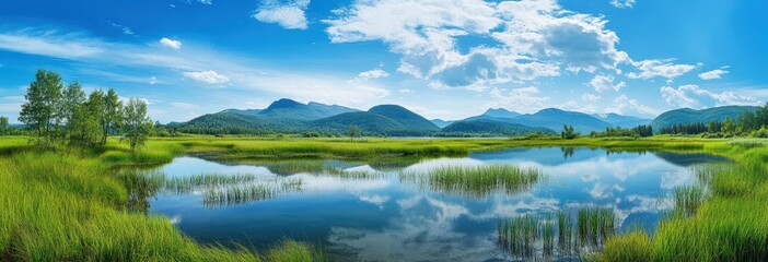 Obraz premium Serene Natural Landscape Featuring Lush Greenery, Reflective Lake Surface, Majestic Mountains, and Bright Blue Sky with Fluffy Clouds