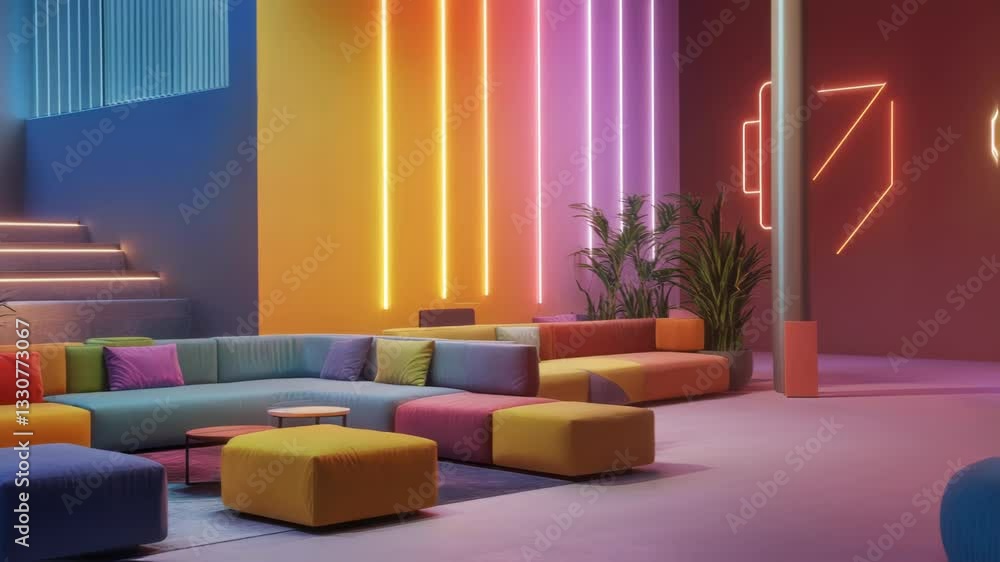 Poster neon lights illuminate a colorful lounge area, showcasing a gradient shift through various vibrant h