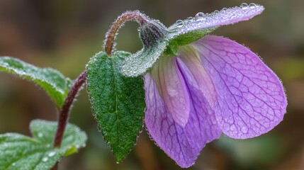 A delicate purple flower covered in tiny water droplets is shown