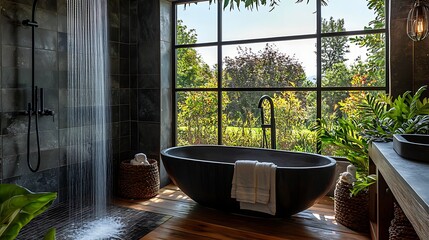 Fototapeta premium Luxurious, rainforest-view bathroom with waterfall shower and freestanding tub