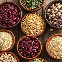 Fototapeta premium A variety of colorful legumes and grains in rustic bowls, highlighting plant-based protein sources.