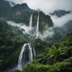 Fototapeta premium A jungle-covered mountain shrouded in mist, where waterfalls cascade down the steep cliffs into a hidden valley of lush greenery below