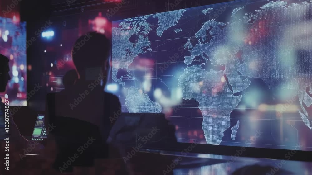 Poster business intelligence analysts are observing global network data visualized on a large screen, analy