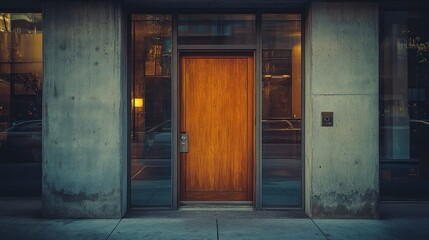 A wooden door framed by concrete and glass elements