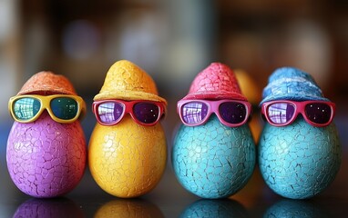 Colorful Easter eggs don stylish hats and sunglasses, creating a fun and whimsical spring scene. A cheerful holiday arrangement.