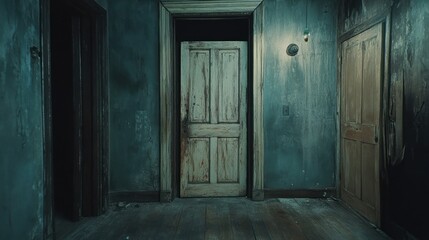 A dark hallway with several aged wooden doors shown