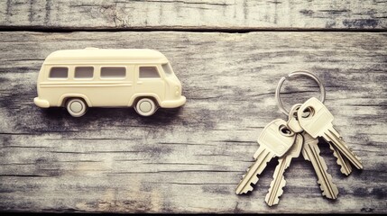 Bunch of keys from a motorhome on a wooden background. Traveling by motorhome.