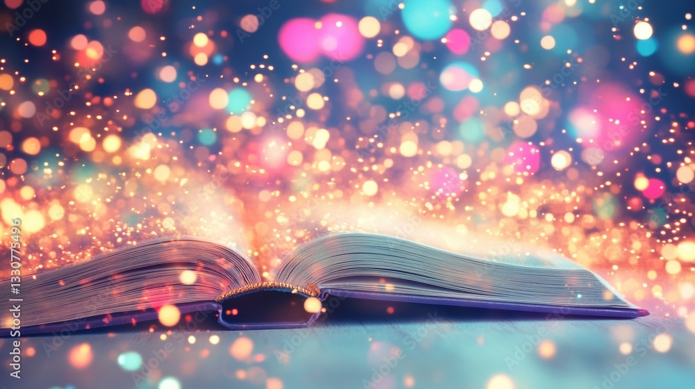 Poster an open book rests on a flat surface, surrounded by glowing lights and sparkling bokeh, evoking a se