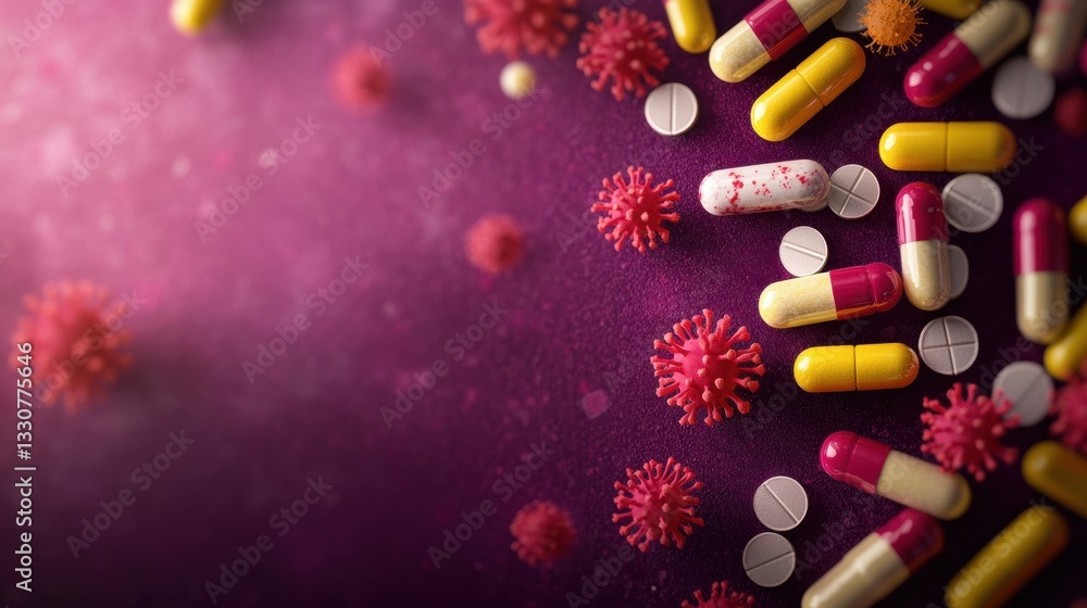 Poster various capsules and tablets spread out on a surface, with stylized representations of viruses inter