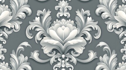 Elegant Gray and White Floral Damask Pattern, Elegant gray and white floral damask pattern with intricate leaf designs