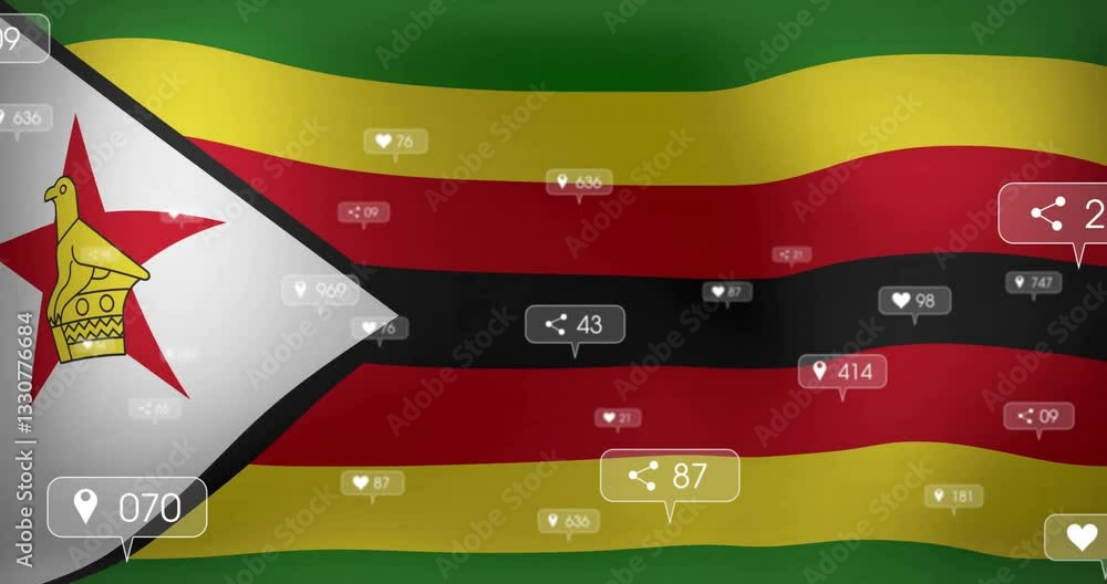 Poster zimbabwean flag with animation of social media notification icons floating