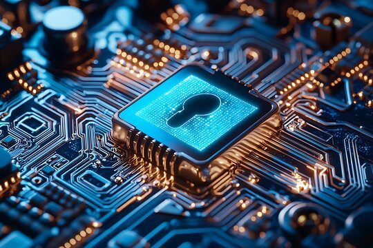 Blue glowing digital lock integrated within a cybernetic circuit, emphasizing secure systems and robust data protection in a digital era