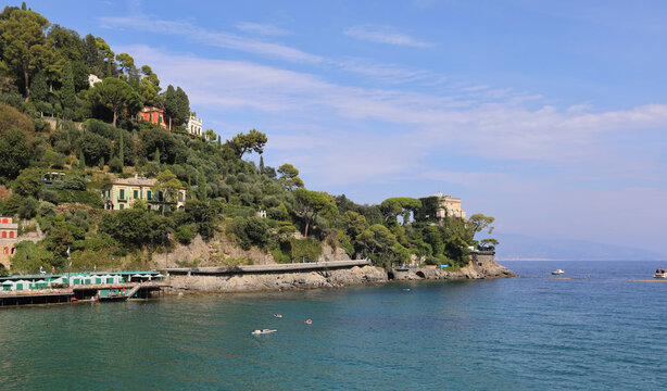 View of the Paraggi Castle and Paraggi bay. Comune of Santa Margherita Ligure, Liguria, Italy.