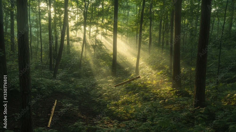 Poster sunbeams shining through trees illuminate the forest floor with light