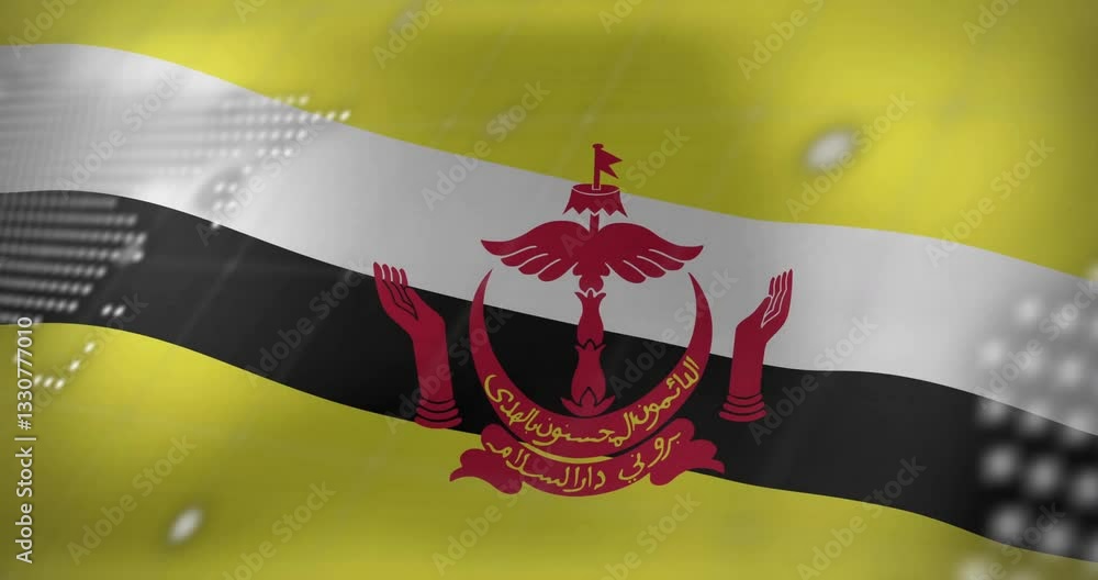 Poster waving brunei flag with digital data and map overlay in background animation