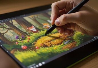 A tablet with a stylus showing a half-finished digital artwork, capturing the creative process in a modern workspace