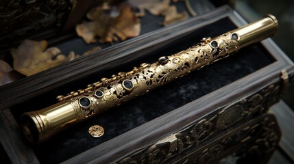Naklejka premium A golden flute rests inside of a detailed wooden box