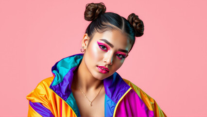 Young girl with bright face makeup on pink background. Girl dressed in a vintage sports windbreaker