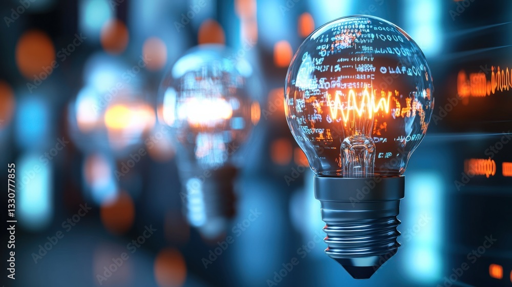 Poster illuminating innovation digital light bulbs displaying data streams in a high-tech environment