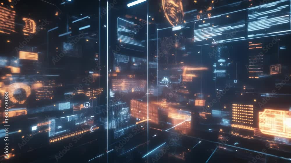 Poster complex data streams and code lines are visualized, moving through a virtual server room, representi