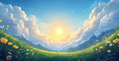 Obraz premium Serene Sunrise Over Lush Green Meadow with Vibrant Flowers and Majestic Mountains Under Bright Sky with Fluffy Clouds Illuminated by Morning Light