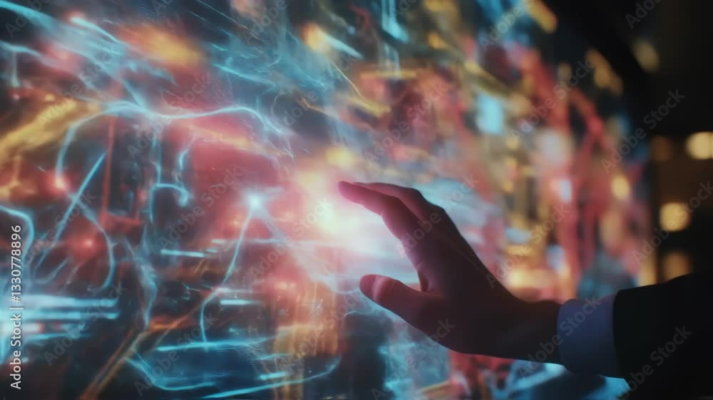 Poster businessman interacts with a futuristic touchscreen displaying a global network map, exploring conne