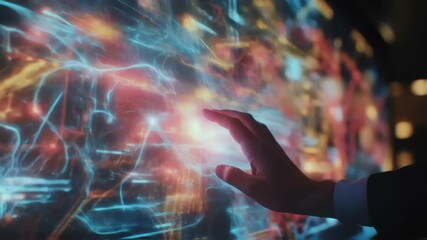 Businessman interacts with a futuristic touchscreen displaying a global network map, exploring connections and data points with hand gestures - Powered by Adobe