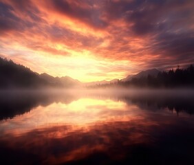 Naklejka premium Serene Sunset Over Calm Lake Surrounded by Majestic Mountains and Lush Forests Reflecting Vibrant Colors in Tranquil Waters
