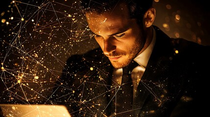 Businessman engaged with laptop and digital tablet, overlayed with global network connections, showcasing digital technology, data exchange, and futuristic business concepts.